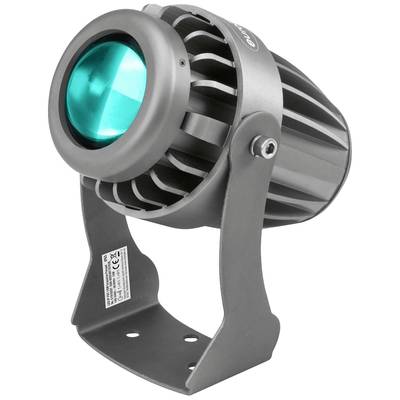 Ein silberner LED-Strahler mit grünem Licht, montiert auf einem verstellbaren Metallständer. Ideal für Bühnen- oder Außenbeleuchtung.