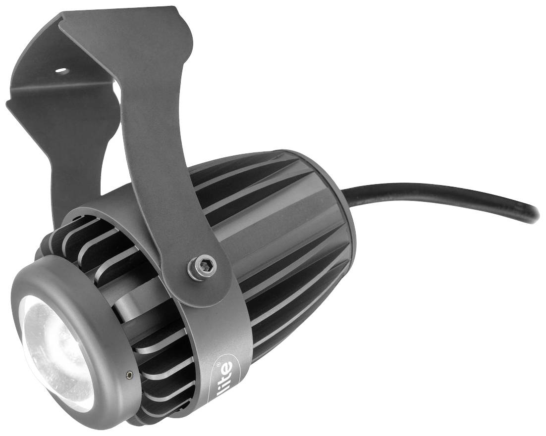 Ein schwarzer LED-Scheinwerfer mit Kabel und Halterung, geeignet für Bühnen- oder Außenbeleuchtung.