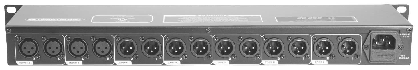 Audiogerät mit mehreren XLR-Anschlüssen in einer 19-Zoll-Rack-Form. Geeignet für professionelle Audioanwendungen wie Tonstudios.