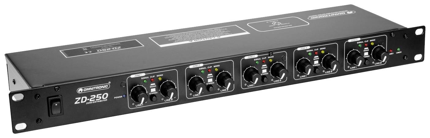 Ein sechskanaliger Verstärker mit verschiedenen Drehreglern und Kontrollleuchten auf der Vorderseite. Modell 'ZD-250 PRO'.