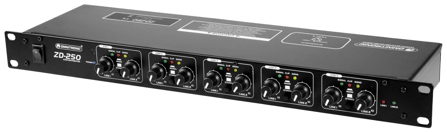 Audiogerät mit sechs Kanälen, Drehreglern und LED-Anzeigen auf der Vorderseite. Modellnummer: ZD-250. Geeignet für Audioverarbeitung.