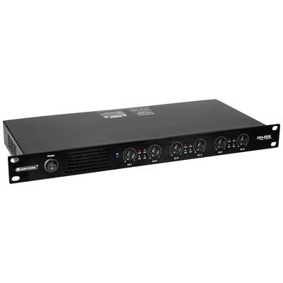 Ein schwarzer Audio-Verstärker mit sechs Drehreglern und LED-Anzeigen zur Klangregelung. Eignet sich für professionelle Toninstallationen.