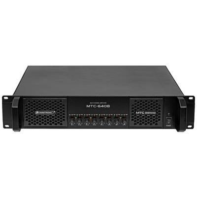 Verstärker mit der Aufschrift 'Omnitronic MTC-6406', Frontansicht mit Lüftungsgittern und Kontrollleuchten, geeignet für Audiosysteme.