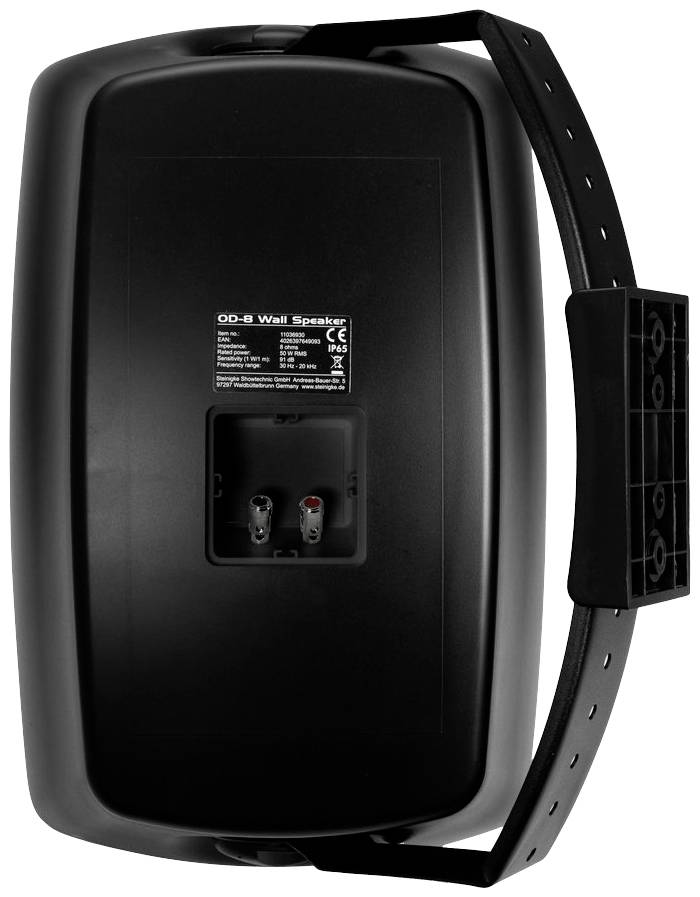 Rückseite eines schwarzen Wandlautsprechers mit zwei Kabelanschlüssen und Spezifikationsetikett.