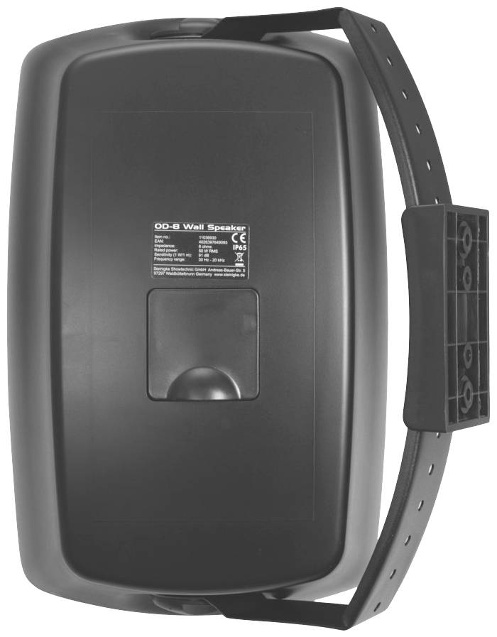 Schwarzer Außenwandlautsprecher mit Modellbezeichnung 'OD-8 Wall Speaker'. Befestigungshalterung auf der rechten Seite sichtbar.