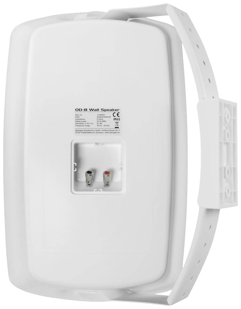 Ein weißer Wandlautsprecher mit Anschlussklemmen und Beschriftung auf der Rückseite. Geeignet für Außeninstallationen.