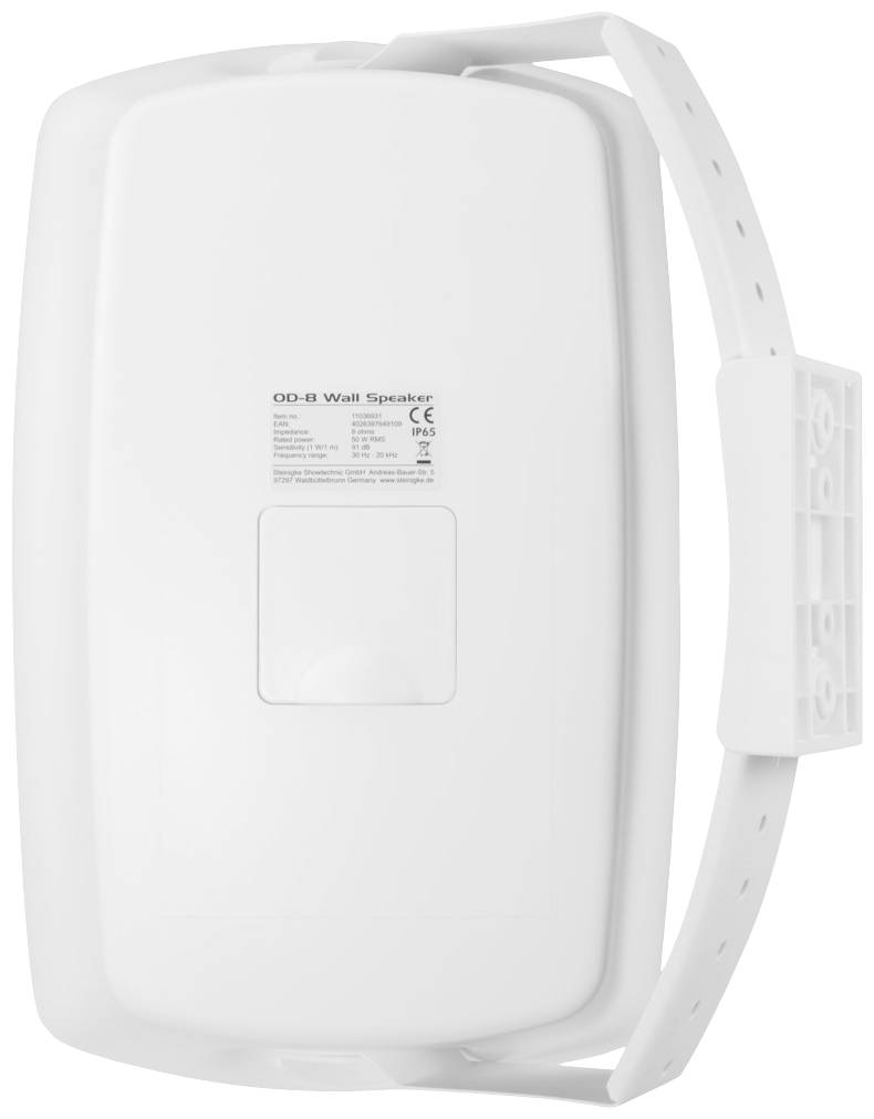Weißer Wandlautsprecher mit rechteckigem Körper, seitlicher Befestigungshalterung und zentralem Gehäuseaufkleber mit technischen Angaben.