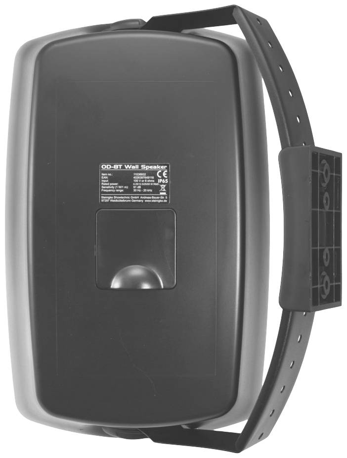 Ein an der Wand montierter Lautsprecher mit einem rechteckigen schwarzen Gehäuse und einer Halterung an der Seite zur Befestigung.