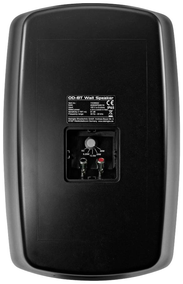 Rückansicht eines schwarzen Wandlautsprechers mit Anschlüssen und einem Schalter für die Impedanzanpassung auf 8 Ohm oder 100V.