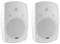 Zwei weiße Lautsprecher mit runden Abdeckungen, geeignet zur Wandmontage, für klaren Klang in Innen- und Außenbereichen.