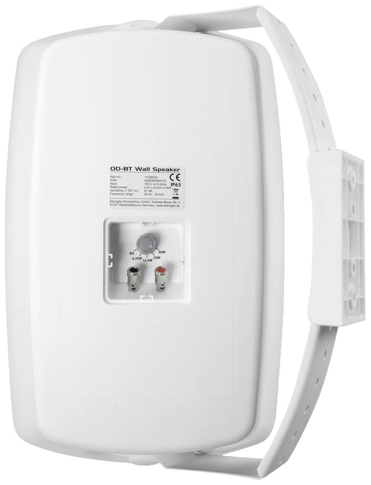 Weiße Lautsprecherbox zur Wandmontage, zeigt Rückansicht mit Anschlüssen und Beschriftung 'OD-8T Wall Speaker'.