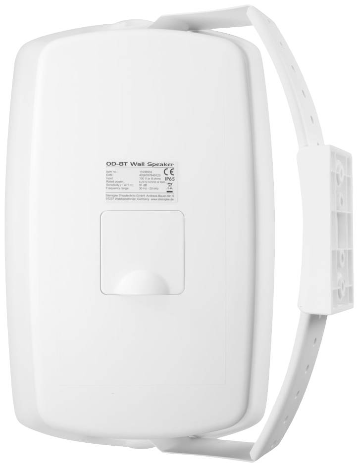 Ein weißer Wandlautsprecher mit rechteckiger Form und einem Etikett, das technische Informationen zeigt. Befestigungsschiene an der Seite.