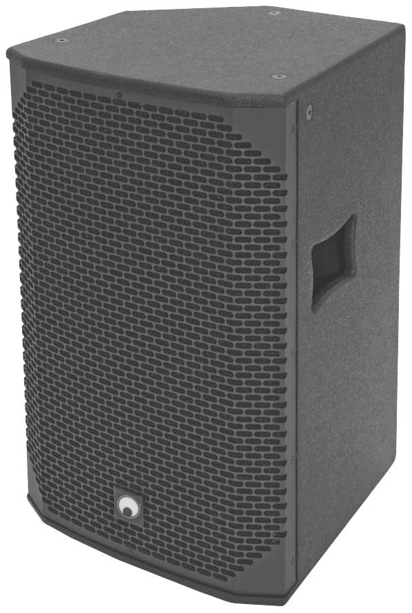 Lautsprecherbox in schwarzem Gehäuse mit einem Metallgitter an der Vorderseite, geeignet für professionelle Audioanwendungen.