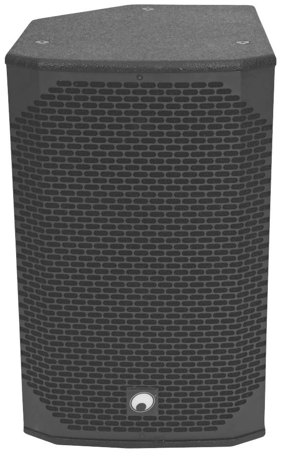 Ein schwarzer Lautsprecher mit sechseckiger Form und feinem Gitter vorne.