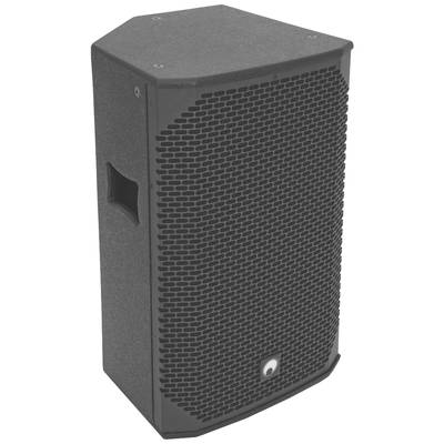 Ein schwarzer Lautsprecher mit einem schützenden Gitter vorne und Tragegriff an der Seite. Robust mit rechteckigem Design.
