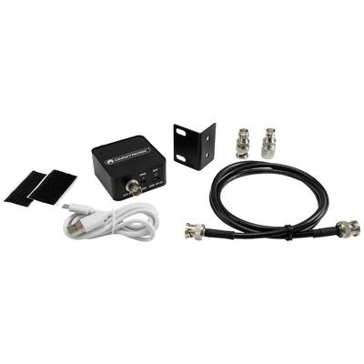 Ein Omnitronic Split-2X1 Antennenverteiler-Set mit Hauptgerät, Halterung, Kabeln und Anschlüssen.