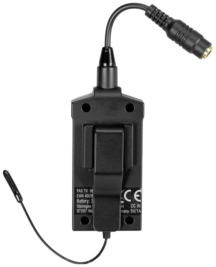 Schwarzes elektronisches Gerät mit Clip und Anschlusskabel. Rückseite zeigt technische Spezifikationen und CE-Kennzeichnung.