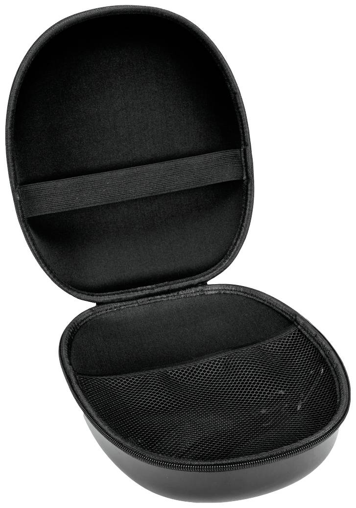 Schwarzes, ovales Hardcase-Etui mit Netzfach im Inneren, geöffnet. Ideal zum sicheren Aufbewahren von Kleinteilen oder Elektronik.