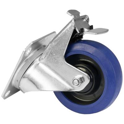 Ein blaues Rad mit silbernem Metallgehäuse und einer Bremse. Typisches Industriedesign, oft bei Transportwagen verwendet.