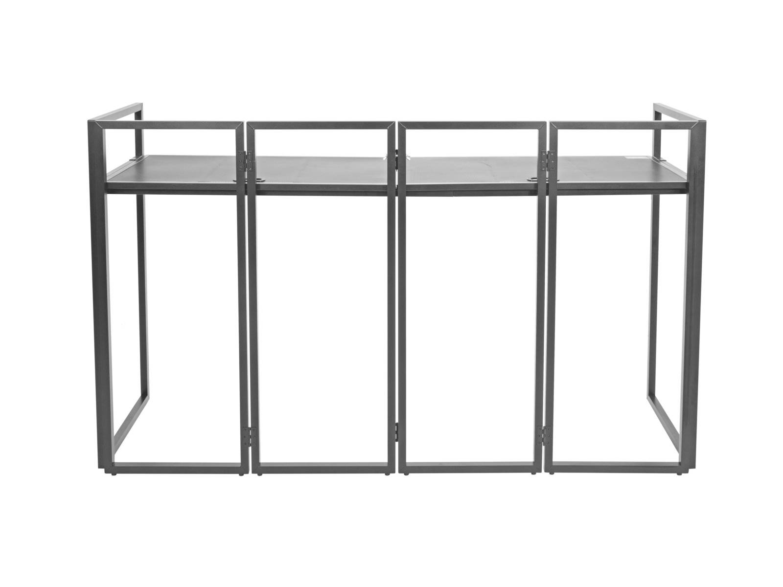 Ein faltbares, rechteckiges Metallgestell in Silber, bestehend aus vier Sektionen. Jede Sektion hat eine obere Ablage und offene Seiten.