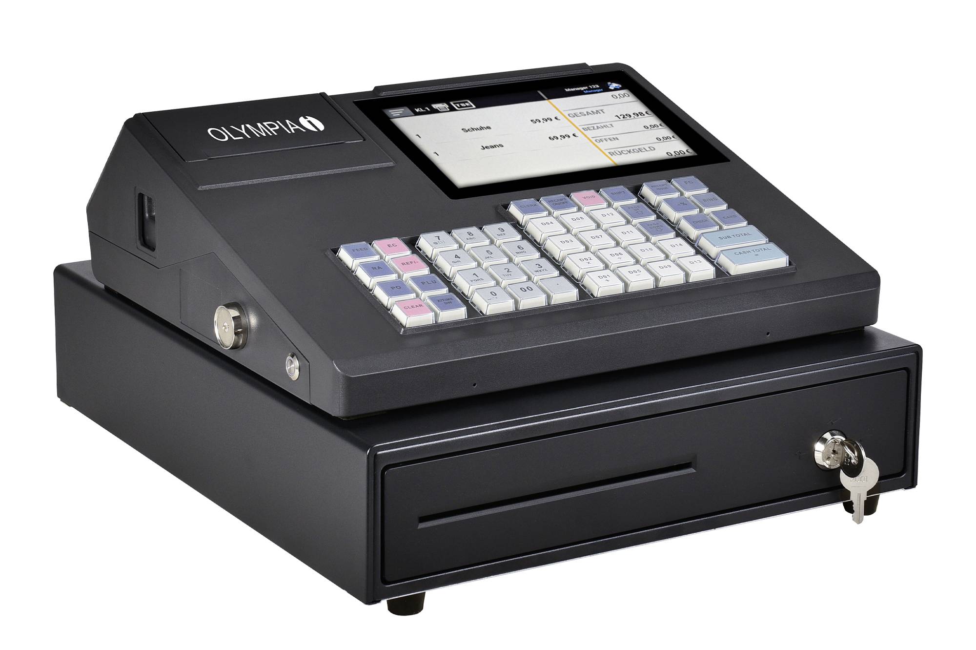 Elektronische Registrierkasse mit Tastenfeld und Display, zeigt Verkaufsinformationen an. Darunter eine abschließbare Schublade.