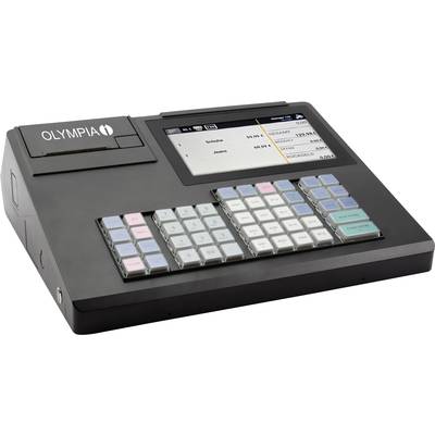 Eine elektronische Registrierkasse mit einem digitalen Display, das Artikelpreise anzeigt. Links sind Tasten zur Bedienung.