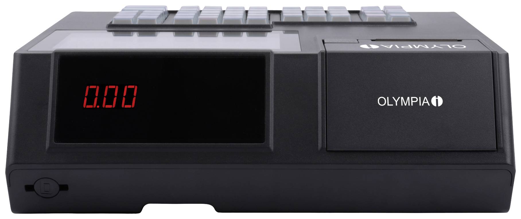 Elektronische Registrierkasse mit Digitalanzeige, zeigt den Wert '0.00'. Oben befinden sich mehrere Tasten zur Eingabe.