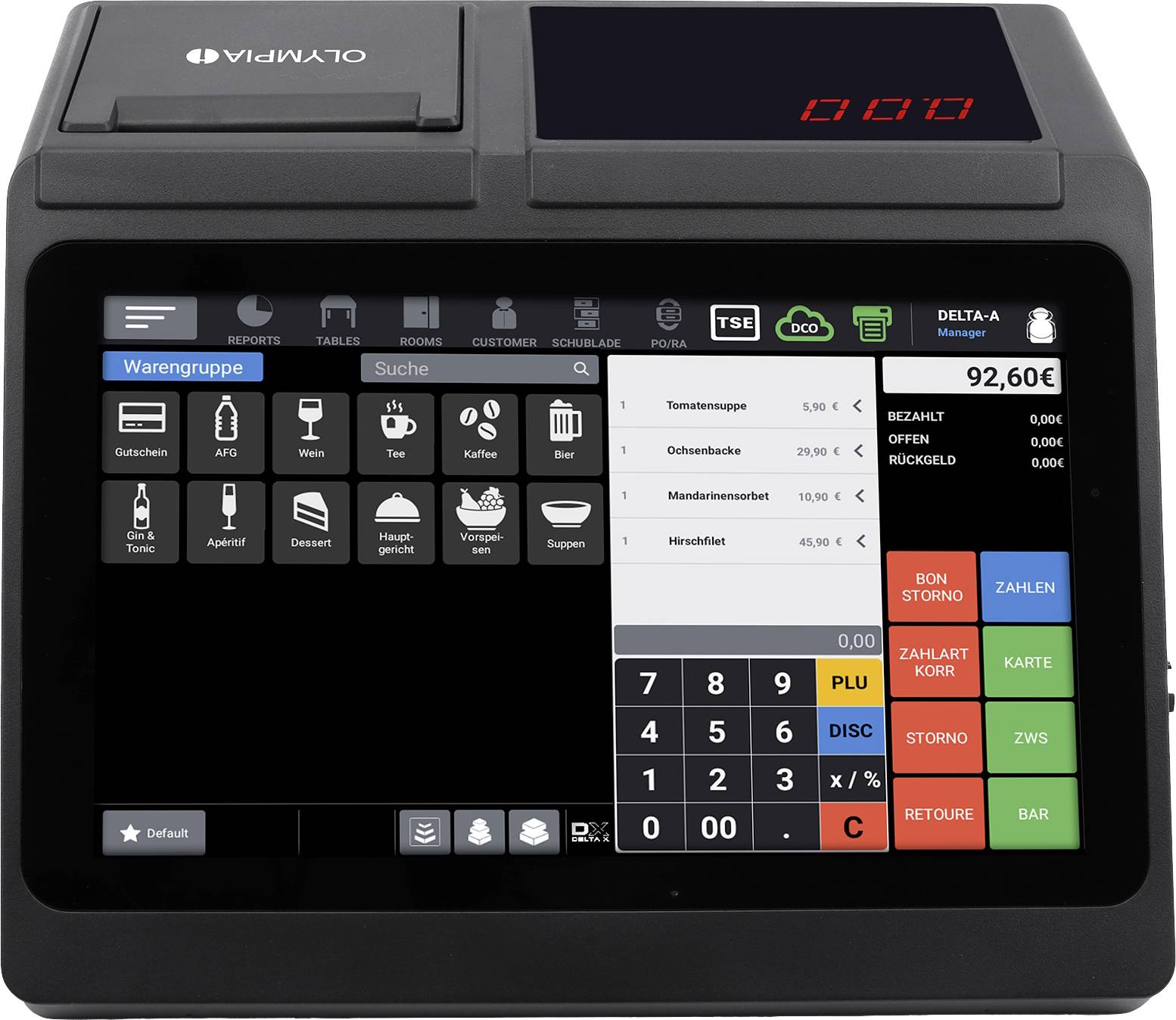 Ein Kassensystem mit Touchscreen zeigt verschiedene Produktkategorien, eine numerische Tastatur zur Eingabe von Preisen und einem digitalen Display.