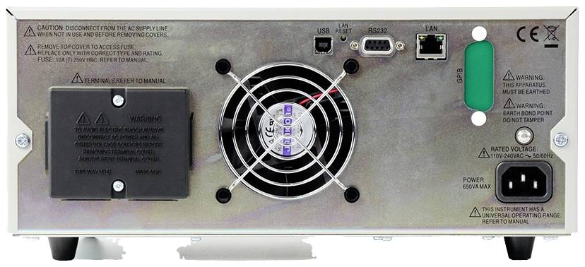Rückseite eines elektronischen Geräts mit Lüfter in der Mitte, Anschlüsse für USB, LAN und Strom, sowie Sicherheits- und Warnhinweise.