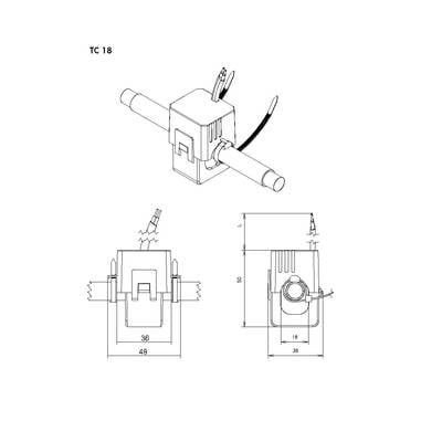 Technische Zeichnung eines Sensors, Modell TC 18, mit drei Ansichten. Maße: Breite 49mm, Höhe 58mm, Tiefe 35mm. Kabelanschlüsse oben.