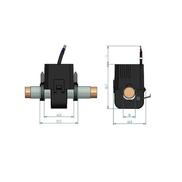 Technische Zeichnung eines Sensors mit Maßen. Links: länglich mit zwei Rohren, rechts: quadratischer Korpus. Kabel oben.