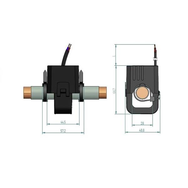 Technische Zeichnung eines elektrischen Sensors mit Kabeln und Maßen: Höhe 65 mm, Breite 48 mm, Länge 57,2 mm. Seiten- und Frontalansicht.