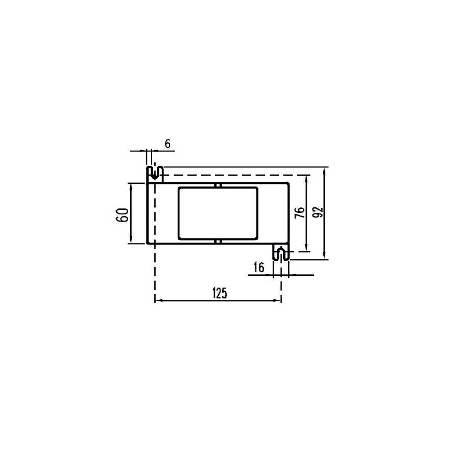 Technische Zeichnung eines rechteckigen Bauteils mit Maßen: 125 mm Breite, 60 mm Höhe. Enthält zusätzliche Maße für Befestigungspunkte.