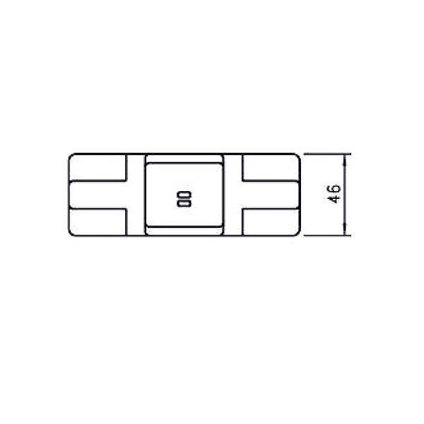 Technische Zeichnung einer Sicherung mit der Aufschrift 'S', Gesamtbreite 46 mm, rechteckige Form, mittig platziert.