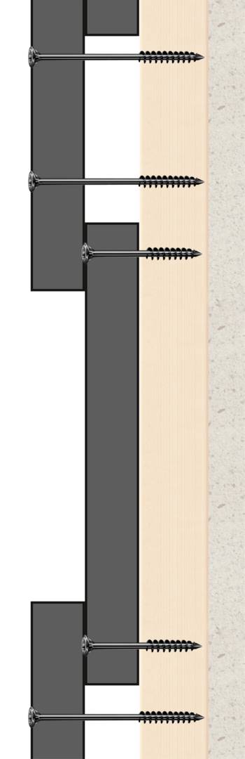 Querschnitt einer Wandbefestigung: Schrauben verbinden eine schwarze Stahlkonstruktion mit einer weißen Platte und einem beigen Paneel.