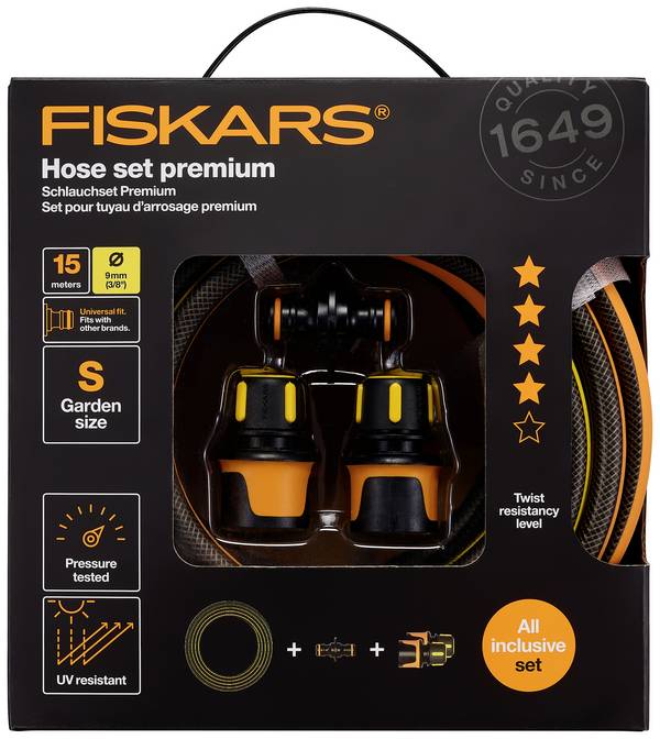 Fiskars 1027101 Premium-Set Gartenschlauch 15 m 1 St. Schwarz, Orange