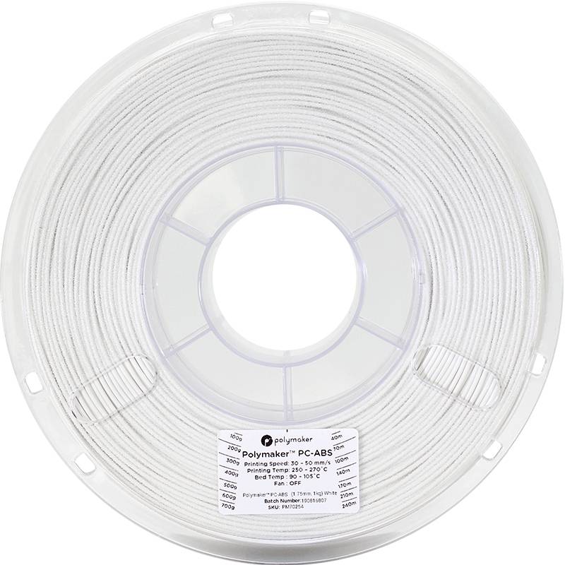 Spule mit 3D-Druck-Filament, weiß. Etikett zeigt Marke 'Polymaker', Material 'PC-ABS', Drucktemperatur 250-270°C, Bett 90-105°C.