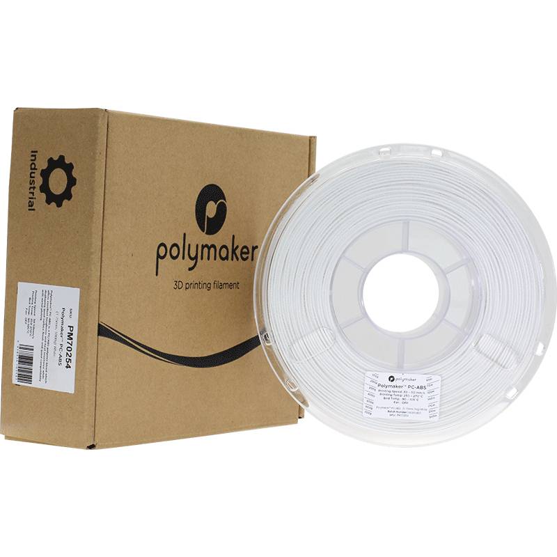 Eine Verpackung mit 'polymaker 3D printing filament' und daneben eine Spule mit durchsichtigem 3D-Druckerfilament.
