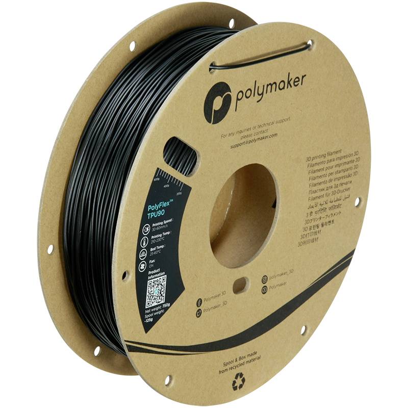 Schwarze 3D-Drucker-Filamentrolle der Marke Polymaker mit Etikett 'PolyFlex TPU90' und QR-Code, recycelbar, 750 g.