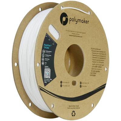 Eine Rolle weißes 3D-Drucker-Filament von Polymaker, auf einer Kartonspule, mit Produktdetails und Recycling-Symbol.