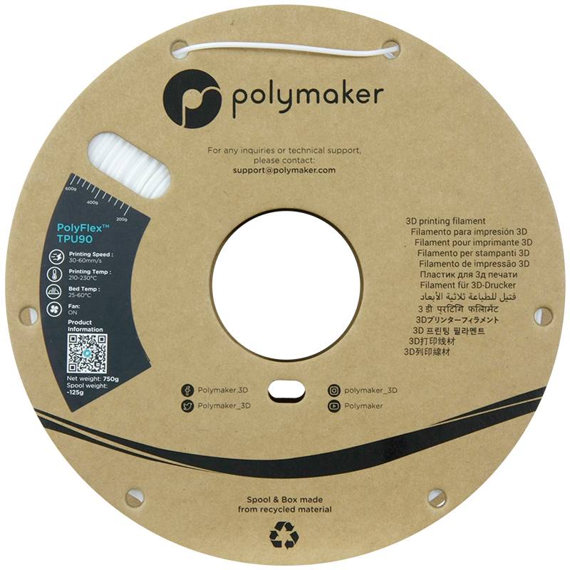 Rolle aus recyceltem Material; Polymaker PolyFlex TPU90 3D-Druckfilament in Naturfarbe, 750g, Kontakt-E-Mail und soziale Medien-Links.