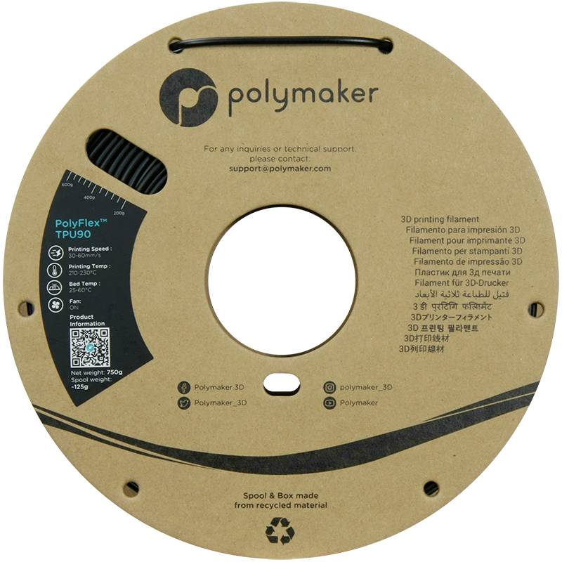 Filamentspule aus recyceltem Material mit 'PolyFlex TPU90'-Details. Unterstützt 3D-Druck und weist technische Informationen auf.