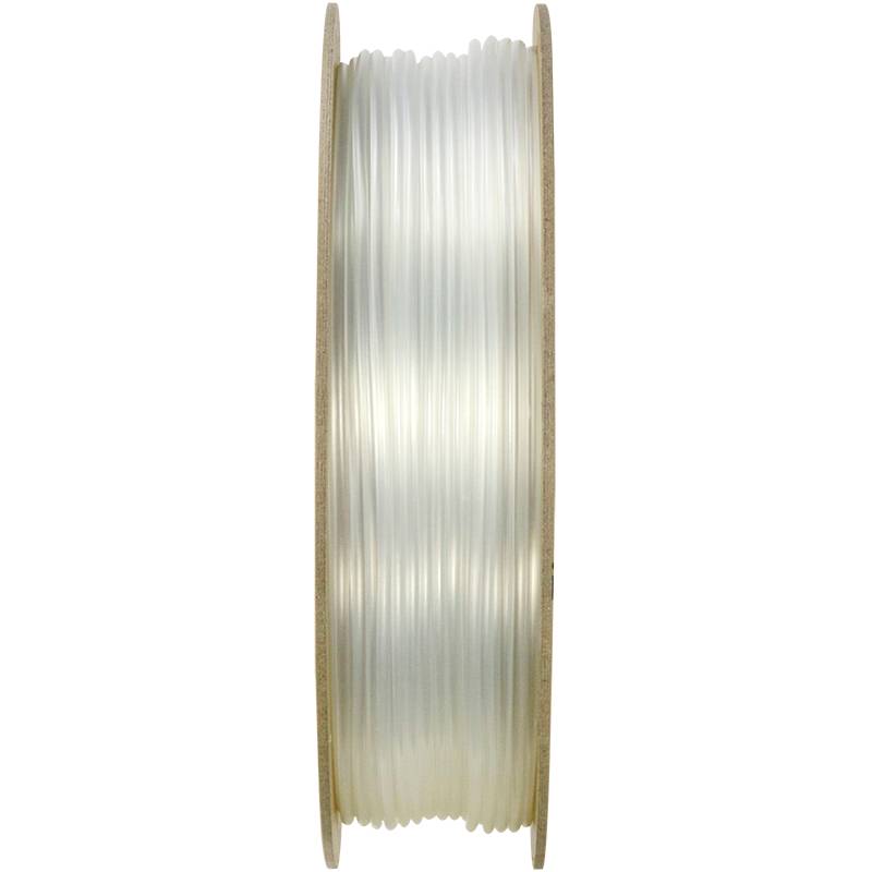 Eine Rolle mit transparentem Filament, das für 3D-Drucker verwendet wird. Das Material ist auf einer runden Spule aufgewickelt.