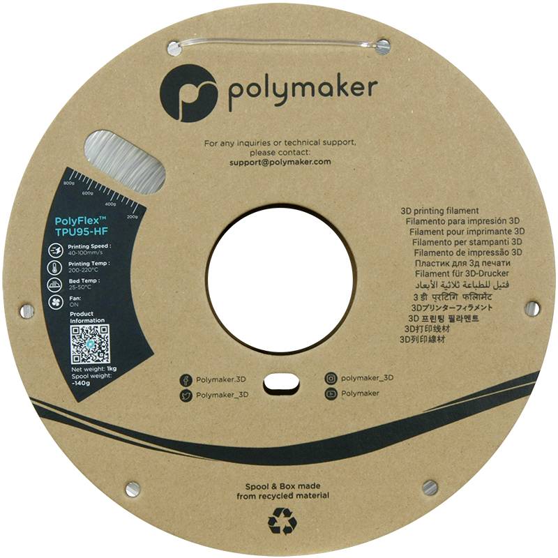 'Polymaker' 3D-Drucker-Filamentspule aus recyceltem Material. Enthält Kontaktinformationen und QR-Code. Markenname hervorgehoben.