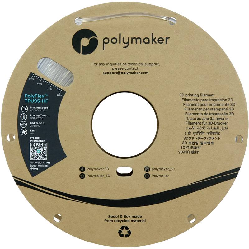 Runde Spule mit 3D-Drucker-Filament von "Polymaker". Etikett zeigt Markennamen, Kontaktinformationen und Anweisungen in mehreren Sprachen.