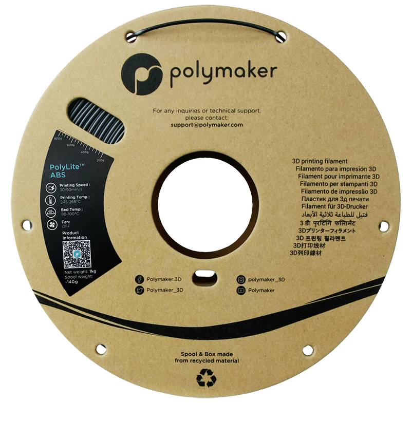 3D-Druck-Filament-Spule 'PolyLite ABS' von Polymaker. Informationen zur Drucktemperatur und Kontaktangaben sind aufgedruckt. Verpackung besteht aus recyceltem Material.