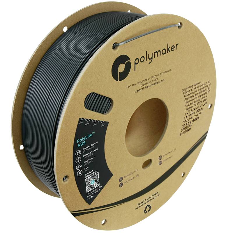 'PolyLite ABS' 3D-Drucker-Filament von Polymaker, grau, auf einer runden Rolle aus Pappe mit Markierungsaufklebern.