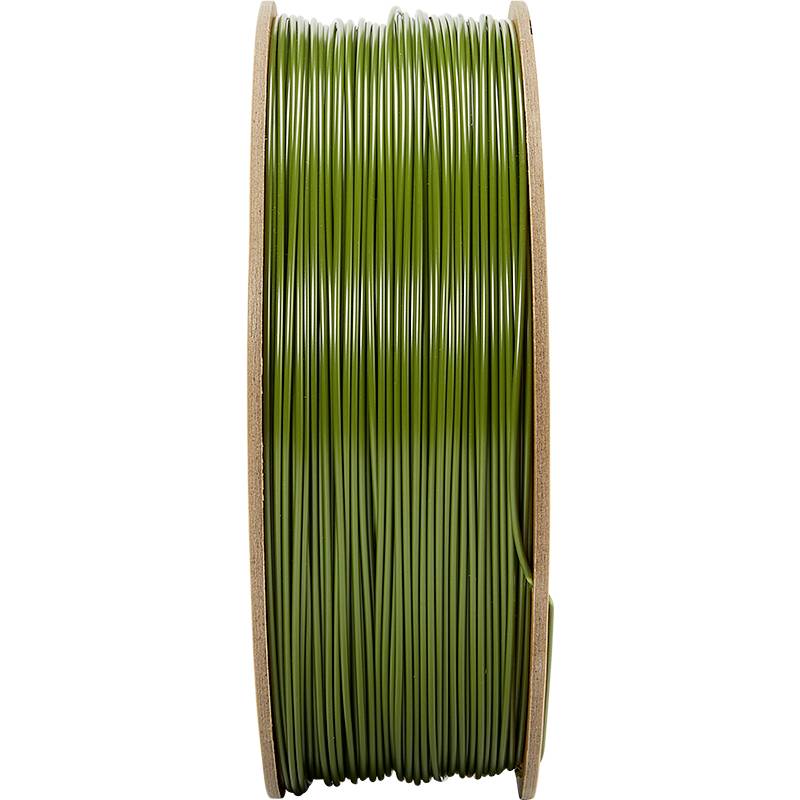 Eine Rolle grünes Filament zur Verwendung in 3D-Druckern, auf einer Holzspule aufgewickelt.