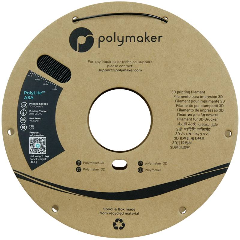 'Polymaker' 3D-Druckerfilament-Spule mit schwarzem Filament, Produktdetails, Nutzungshinweisen und Kontaktinformationen auf der Verpackung.