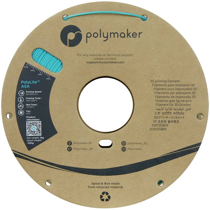 'PolyLite ASA 3D-Drucker-Filament, Türkis. Kartonspule aus recyceltem Material. Polymaker-Kontaktdaten und QR-Code vorhanden.'